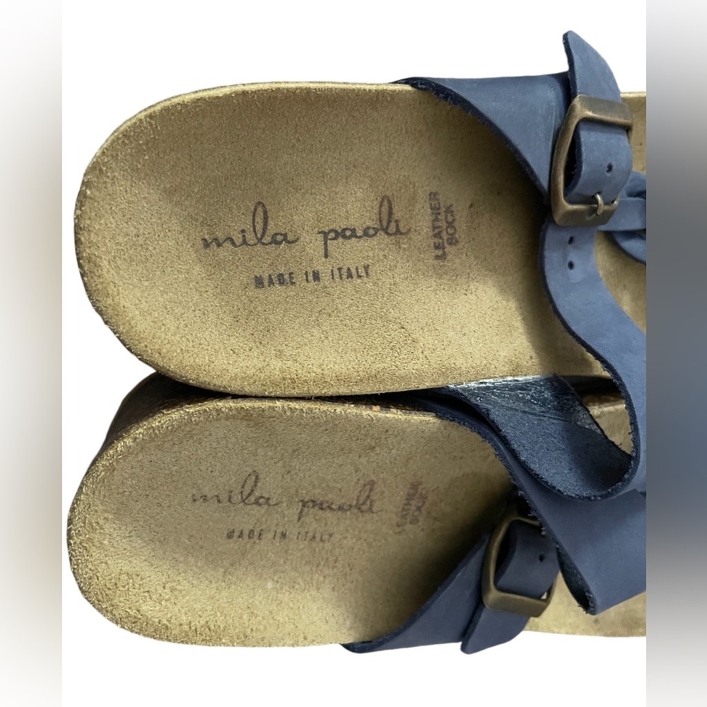 Mila Paoli Women Sz 9Cork Wedge Leather Sandals Blue Toe Wrap Braid Buckle Strap - Picture 5 of 7